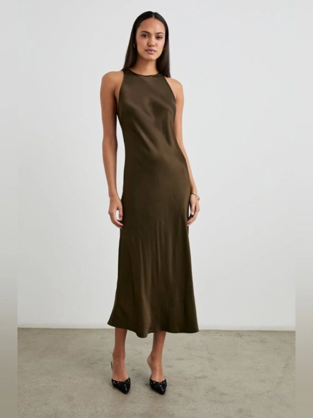 NWT Womens Rails Solene Moss Brown (Item- 67) Sleeveless Satin Midi Dress S - Picture 2 of 15